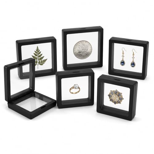 6 Pack 3D Floating Display Case, Freestanding Clear Suspension Frame and Jewelry Holder for Challenge Coins, Enamel Pins, Rocks, Rings and Plant Specimens - color: Black, size: 4.3*4.3*0.8