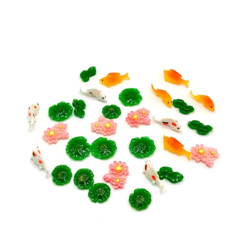 30PCS Mini Resin Lotus Leaf, Tiny Simulated Koi Carp, Resin Miniature Model Cake Decoration, Lotus Pond Figurine Bulk for Moss Landscape Terrarium Micro Fairy Garden Decoration Ornament Accessories - color: Lotus & Koi Carp