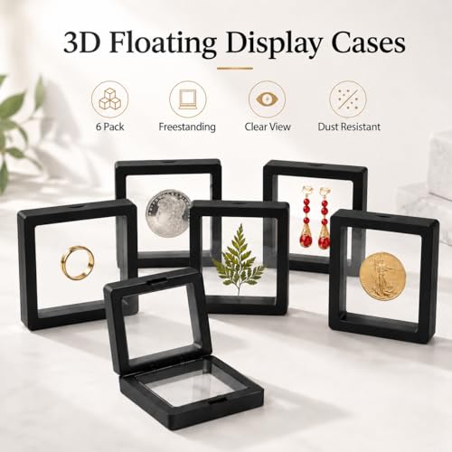 6 Pack 3D Floating Display Case, Freestanding Clear Suspension Frame and Jewelry Holder for Challenge Coins, Enamel Pins, Rocks, Rings and Plant Specimens - color: Black, size: 4.3*4.3*0.8