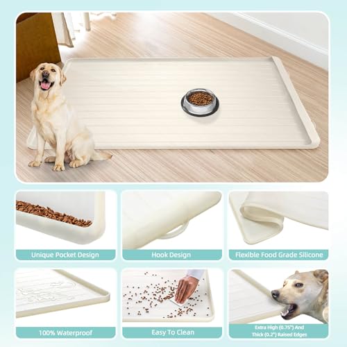 Dog Mat for Food and Water - 39.4" x 27" Large Pet Feeding Mats with Residue Collection Pocket - Waterproof Dog Cat Bowl Mat with High Edges to Prevent Water and Food Spills (Cream) - color: Cream