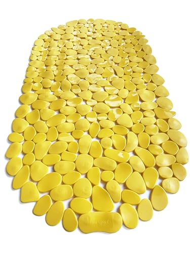 “Pebbles” Non-Slip Bathtub & Shower Mat 27”x14” Oval - Non-Toxic - Safe, Clean, Machine-Washable, Superior Grip & Drainage, Vinyl, for Smooth Floors ONLY, Opaque Yellow - color: Opaque Yellow, size: 27" x 14" (Oval)