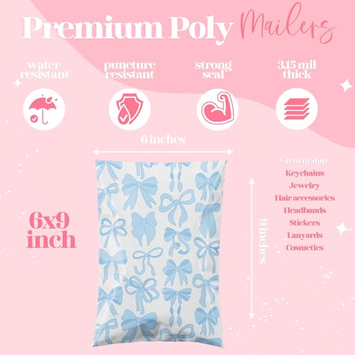 Pretty Package Store 6x9 Designer Poly Mailer 100 Pack Heavy Duty Waterproof Self Seal Shipping Bags for Small Business Large Mailing Envelopes Bulk Tear Resistant Packaging Blue Bows - color: Blue Bows, size: 6x9