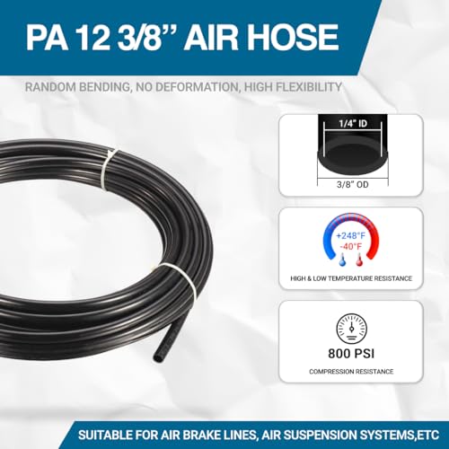Utah Pneumatic 3/8" DOT Air Line SAE J844 PA12 Nylon Tubing for Air Suspension, Industrial Automation, Workshop Air Systems, Misting & Fluid Transfer, Black - 15.2 Meters (50ft) - color: Black, size: 3/8 inch DOT - 50 Feet