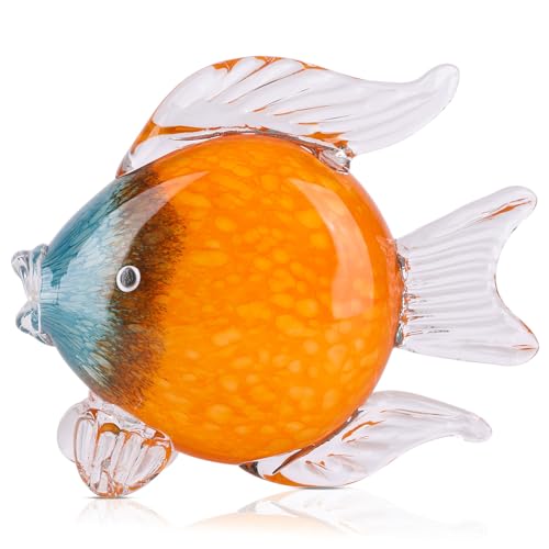 QIANLING Glass Fish Figurines - Coastal Home Decor, Modern Ocean Centerpieces for Living Room, Dining Area, Bathroom, Office, Coffee Table, Beach House, Nautical, Seaside, Entrance, Shelf Display - color: Blue & Orange Fish