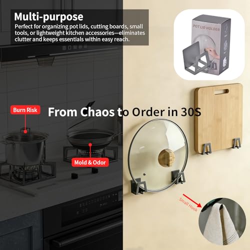 4 Pack Pot Lid Holders with Hook, Pot and Pan Hangers for Kitchen Inside Cabinet Wall Mount Rack Cabinet Door Lid Organizer, Save More Space, Grey - color: Grey