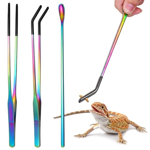 3PCS Stainless Steel Reptile Feeding Tongs Straight Curved Long Tweezers 10.6” Long Aquarium Reptile Tweezer Reptiles and Feeding Accessories Tweezer Feeder Tool for Aquarium Terrarium