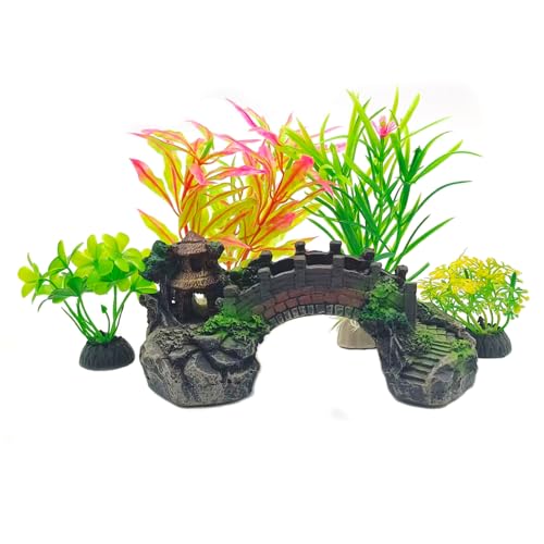 5PCS Resin Bridge Pavilion Tree & Artificial Plants Aquarium Fish Tank Decoration Kit for Saltwater Aquarium