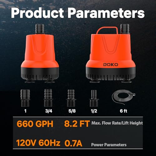 DOKO Small Submersible Water Pump, 660GPH Pond Pump with 6FT Power Cord and Handle, Ultra Quiet Pool Pump with 4 Nozzles and 4 Suction Cups, Drain Pump for Bathtub Pool Fish Tank - size: 40W 660GPH