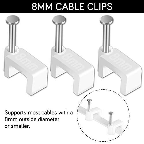Cable Clips - CableGeeker 100 Pieces Ethernet Cable Clips with Nails 8mm Cord Holder for Cat6 Cat7 Flat Ethernet Cable (White) - style: Nail in Flat Cable Clips 100Pcs