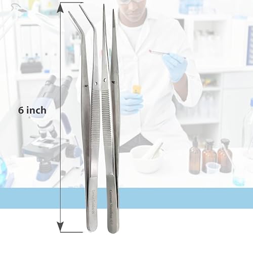 Lab Tweezers High Precision Forceps, 6" (15.2 cm), Fine Strong Point tweezers, Stainless Steel (6" Straight + Angled) - size: 6 " Straight + Angled