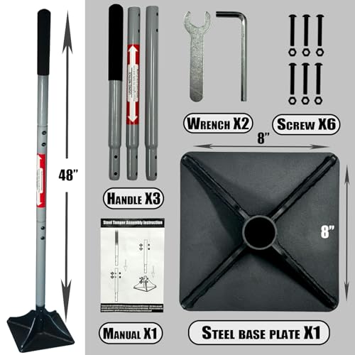 Heavy Duty Steel Tamper 8"x8" with 48 inch Handle and Rubber Grip Ideal Garden Landscaping Rammer for Earth Soil Asphalt, Gravel and Dirt Compaction Levelling Paver Tool Trash Tamper