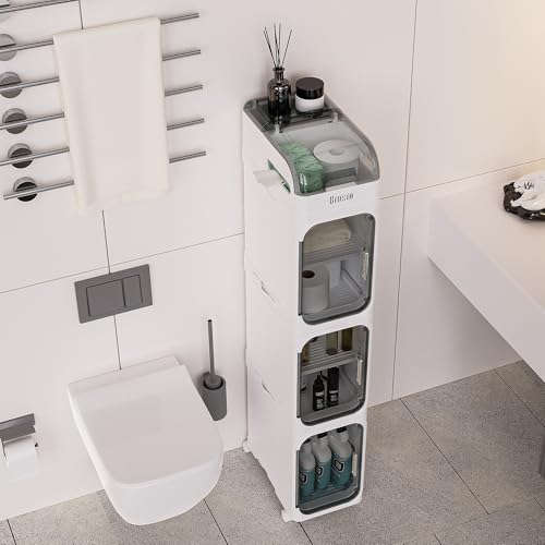 BINSIO 4-Tiers Toilet Paper Storage, Slim Bathroom Organizers and Storage, Bathroom Counter Organizer, Bathroom Organizer Storage Cabinet, Portable Laundry Room Organization, Plastic White Clear Doors - size: 4 Tiers