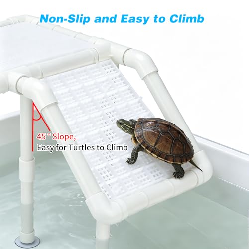 SKARUS White Adjustable Standing Turtle Basking Platform (6.49"-15.16" H) – 10.8"×8.7" Suspended Aquarium Dock with Offset Non-Slip Ramp, Above Water Dry Area for 20–55 Gallon Tanks - color: White, size: 10.8"W