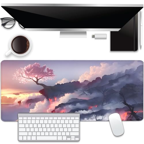 Volcano and Cherry Blossoms Desk Pad Mouse Pad,Large Nature Mouse Mat with Stitched Edges,Non-Slip Rubber Base Mousepad for Office PC Keyboard Laptop and Home Work Desk Mat(27.5X11.8 in) - color: Volcano and cherry blossoms