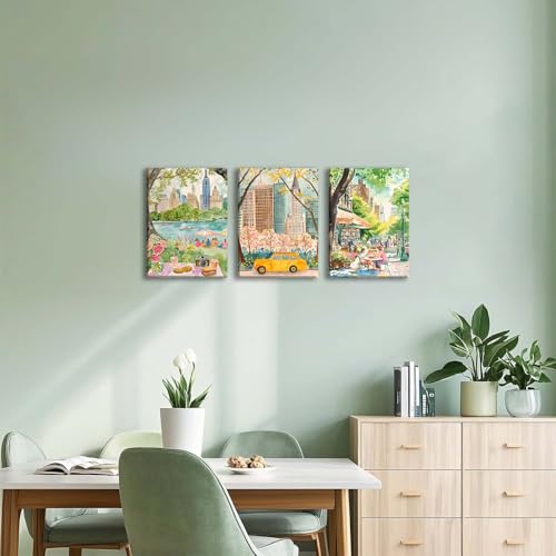 XLARTMY New York City Poster Travel Wall Art Canvas Framed Watercolor NYC Central Park Landmarks Artwork Decor Painting Prints Pictures Set of 3 for Bedroom Living Room Bathroom Office 12x16in - color: Watercolor City, size: 12x16in Canvas