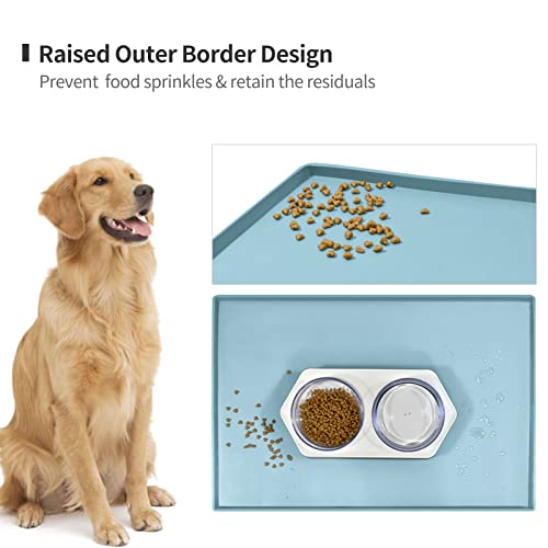 Dog Food Mat,Silicone Waterproof Food Tray,Non Slip Pet Bowl Mats Placemat,0.6" Raised Edge,Suitable for Most Small and Medium Sized Pets,18.5" x 11.5" - color: Battleship, size: 18.5" x 11.5"