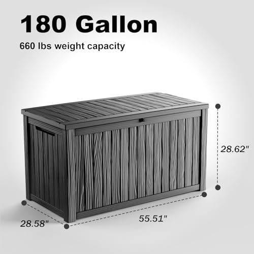 PatioZen 180 Gallon Resin Deck Box, Lockable Patio Outdoor Storage Box for Furniture, Garden Tools and Tools Storage, Waterproof Outside Storage Boxes - Black - color: Black, size: 180 Gallon