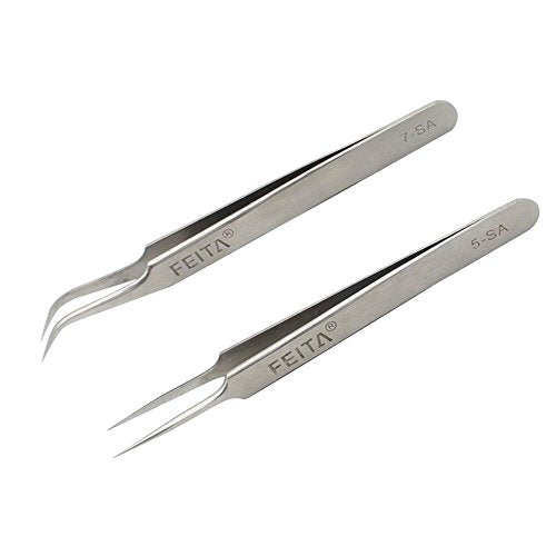 FEITA Precision Eyelash Extension Tweezers Set - Professional Straight & Curved Pointed Very Fine Tip Tweezers for Lash Extensions - Silver - 2Pcs - color: Silver Tweezers - 2pcs