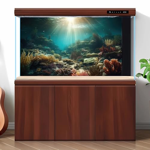 Deep Ocean Aquarium Background Undersea Soft Coral Reef Seascape Fish Tank Background Underwater Aquatic Fish Sunray Terrarium Backgrounds Deep Sea Floor Tropical Fish Tank Backgrounds Decors 24x12in - color: Undersea Brown, size: 24(W)x12(H)inches/ 60(W)