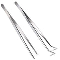 2 Pcs 12 Inch Long Handle Stainless Steel Straight and Curved Tweezers Nippers, Set with Serrated Tips Comfortable Ridged Handle for Garden, Kitchen, Indoors and Outdoors