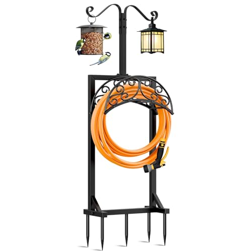Garden Hose Holder for Outside - Upgraded Water Hose Holders with 5 Spikes & 2 Shepherds Hooks, Freestanding Hose Stand Heavy Duty Hose Hanger Hose Storage Hose Reel Rack for Outside Yard Lawn - color: Black