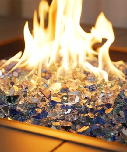 NUPICK 10 Pound Fire Glass for Fire Pit, 1/2 Inch Tempered Mixed Fire Glass in Bahama Blend for Propane Fire Pit & Gas Fireplace, Blue and White Fire Glass Rock - color: Mixed Blue&white, size: 10 Pound (1/2")
