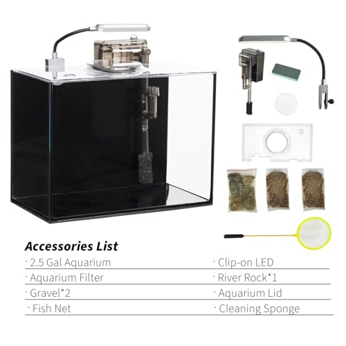 2 Gallon Glass Fish Tank with Filter LED Light Complete Aquarium Starter Kit for Betta, Shrimp, Nano Fish Rimless Small Aquarium with Everything Included - size: 2 Gallon