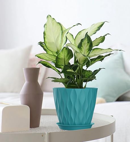 7 Inch Plant Pots 5 Pack, Flower Planters with Drainage Holes and Trays,Plastic Pots for Indoor Outdoor Plants,Green - color: Blue-green, size: 7inch 5pc