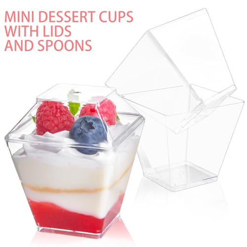 50 Pack 3.5 oz Mini Dessert Cups with Lids and Spoons - Parfait Cups with Lids Plastic Square Shooter Cups for Party Appetizers Pudding Mousse Triffle