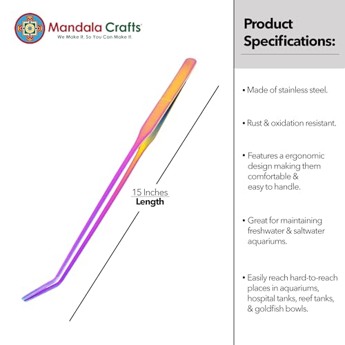 Mandala Crafts 15 Inches Rainbow Stainless Steel Curved Aquarium Tweezers for Aquatic Plants – Long Aquascape Forceps for Fish Tanks, Hospital Tanks, Goldfish Bowls, and Terrariums - color: Rainbow Curved Tweezers, size: 15 Inches
