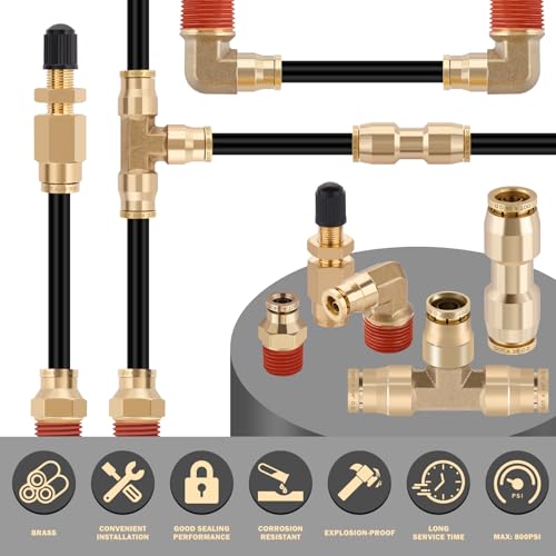 CheeMuii 64 PCS Brass DOT Air Line Fittings with 100FT 1/4" and 50FT 3/8" DOT Air Line Kit Push Lock Quick Connect & NPT Thread Fittings with Pneumatic Tubing Set - size: 2ROLL-67PCS