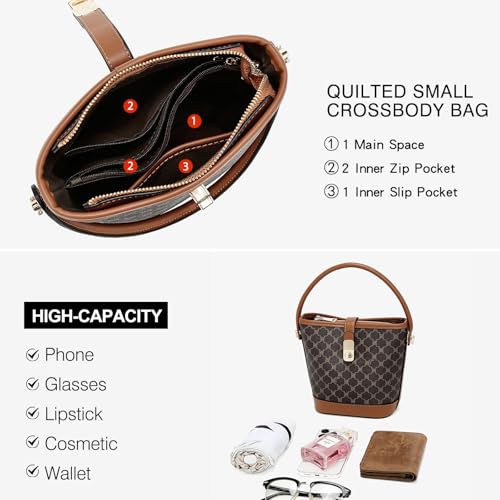 FOXLOVER Coated Canvas Bucket Crossbody Bags for Women Top-Handle Handbags Small Satchel Purse Trendy Twist Lock - color: Coffee a