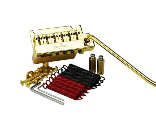 Guyker Guitar Tremolo Bridge String Spacing 10.8MM with Brass Roller Saddle and Brass Block & Bridge Stud, Spring and Claw, Pop-In Vibrato Bar, Complete Install Kit, GG1009-T Gold - color: Gold, Pro Roller Saddle 10.8mm