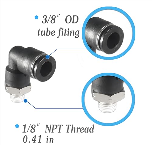 3/8 Air hose fittings, Air fittings Male Elbow 3/8 Inch Tube OD x 1/8 NPT Thread Push to Connect Fitting, PL-3/8-N1 (Pack of 10) (3/8-1/8) - size: OD 3/8 - NPT 1/8