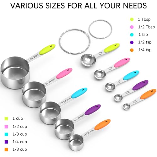 TILUCK Nesting Measuring Cups and Spoons Set, Stainless Steel with Soft Silicone Handle – Heavy Duty & Dishwasher Safe for Measuring Dry/Liquid Ingredients, Ideal for Cooking & Baking (10)