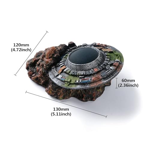 Saim UFO Wreckage Aquarium Ornament - Eco-Resin Fish Tank Hideout with Exploration Cave for Betta & Shrimp, 5.11" Stable Base Underwater Landscape Decor
