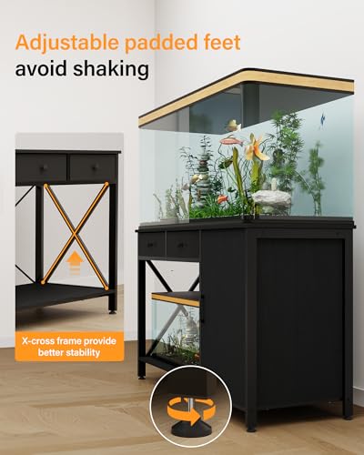55-75 Gallon Fish Tank Stand, Aquarium Stand with Cabinet Accessories Storage, Metal Frame Turtlr Tank Stand with Power Outlets, 40.55" L*18.89" W Tabletop, Black (Black, 55-75 Gallon)