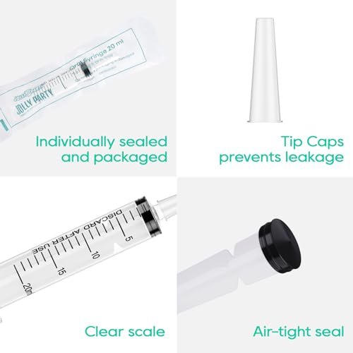 JOLLY PARTY 100 Pack 20mL Syringes, Plastic Syringes with Catheter Tip and Cap, Individually Sealed Feeding Syringe For Dogs, Measuring Syringe For Liquid, Scientific Labs, Refilling, Dispensing