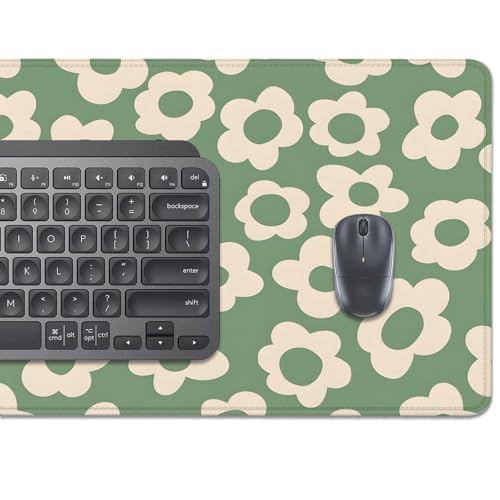 Green Daisy Flowers Desk Pad Mouse Pad,Large Daisies Floral Mouse Mat with Stitched Edges,Non-Slip Rubber Base Mousepad for Office PC Keyboard Laptop and Home Work Desk Mat(27.5X11.8 in) - color: Green Daisy