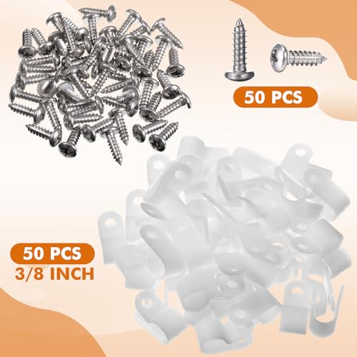 Hicarer 50 Pack R-Type Cable Clip Wire Clamp, Nylon Screw Mounting Cord Fastener Clips with 50 Pack Screws for Wire Management (White,3/8Inch) - color: White, size: 3/8 Inch