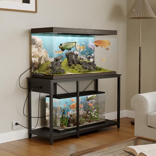 Beuruku 55-75 Gallon Fish Tank Stand with Power Outlet & LED Light, Metal Aquarium Stand with 3 Tier Adjustable Storage Shelves, for Reptile & Turtle Tank, 52" L*19.5" W, Black - color: Black, size: 55-75 Gallon