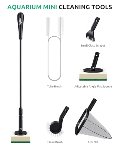 Aquarium Algae Scraper, Small Fish Tank Cleaner for Glass Algae Remover 5 in 1, Aquariums Cleaning kit with Seaweed Scraper, Flat Sponge, Fish Net, Clean Brush, Tube Brush for Freshwater, Nano Tanks
