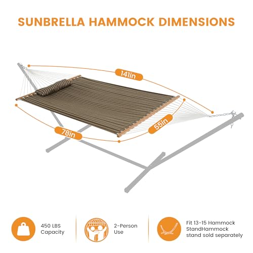 Lazy Daze Hammocks 12 FT Sunbrella Fabric Hammock Non-Fading with Spreader Bars and Free Pillow Fits for 2 Persons, All Weather and Fade Resistant for Patio Yard, 450 lbs Capacity, Harwood Cocoa - color: Harwood Cocoa