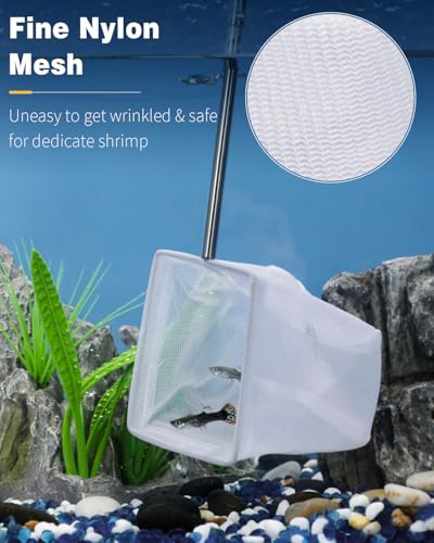 Pawfly 3 Inch Tiny Fish Tank Net, Aquarium Shrimp Net with Extendable Stainless Steel Handle for Shrimp Baby, Food Residue Debris, Soft Square Fine Mesh for Fish Tanks & Small Ponds - color: Blue Square, size: 3 Inch