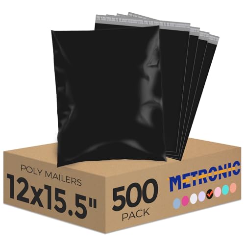Metronic Poly Mailers 12X15.5 500 Pack, Self Seal Shipping Bags for Clothing, Waterproof and Tear-Proof Shipping Envelopes for Business, Mailers Poly Bags Packaging Bags, Black - color: Black, size: 12x15.5 500 pieces