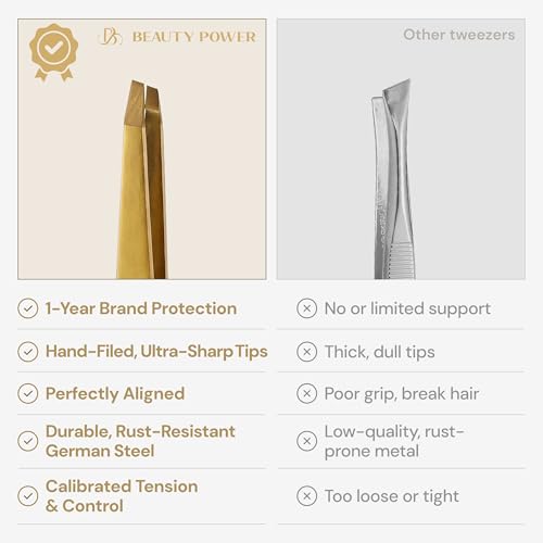 Beauty Power Tweezers for Women Facial Hair: Ultra Precision Tweezers for Women & Men, Sharp Slant Tweezer for Eyebrows, Ingrown Hair Removal. Professional Plucker + Case, German Stainless Steel Gold - color: Gold