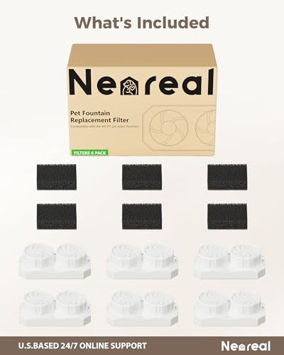 Neareal Official Cat Fountain Replacement Filters & Pre-Filter Sponges for 74oz/2.2L Stainless Steel Pet Water Fountain (6 Pack)
