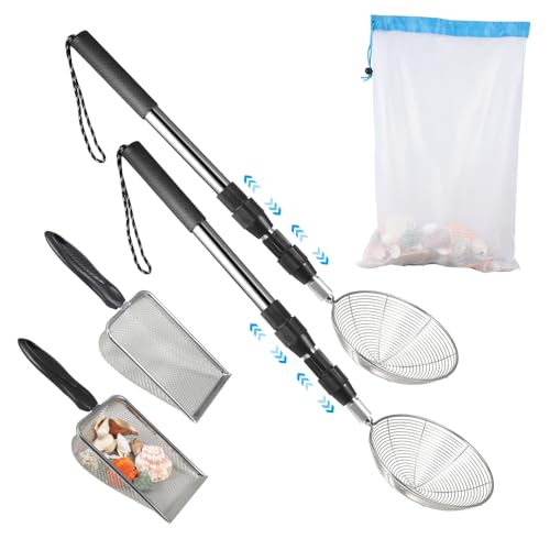 Beach Sand Sifter, 2 Beach Sifting Sand Telescoping Pole Sets with Scoops, Baskets, Mesh Bag, for Picking Up Shells Shovels Shark Teeth