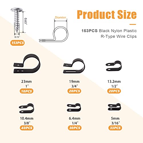 mankk 306PCS Cable Clips Wire Clips Assortment Kit Nylon Plastic R-Type Cable Clamps Wire Mounting Clips 6 Sizes 3/16'' 1/4'' 3/8'' 1/2'' 3/4'' 1'' with Screws for Cable Management - size: 6 Size-306PCS