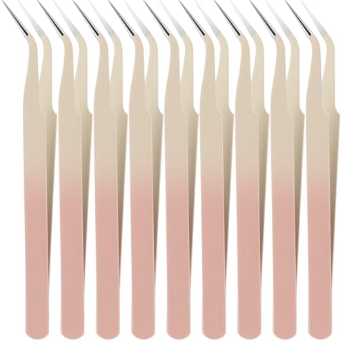 Honoson 9 Pieces Curved Pointed Craft Tweezers Stainless Steel Precision Tweezer with Protective Cover for Rhinestones Dried Flowers Craft Stickers Eyelash Extension Jewelry Making (Gradient Pink) - color: Gradient Pink